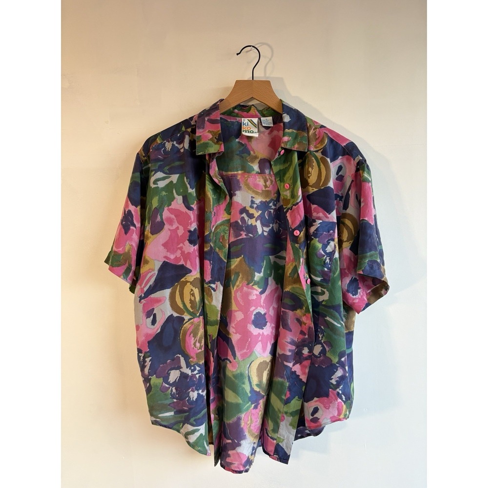 VTG Kikomo 100% Silk Blouse M Pink Floral Abstract Camp Shirt Short Sleeve 90s